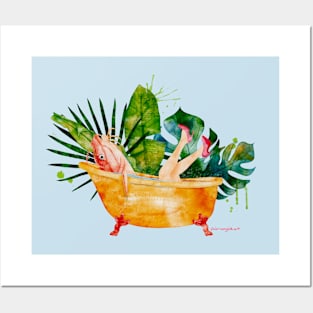 Catfished | Reverse Mermaid in Bathtub Watercolor Posters and Art